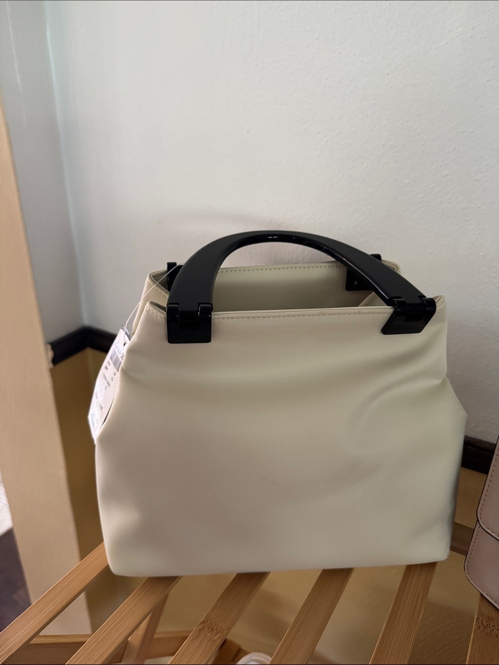 Cream Satchel with Black Top Handle for Women